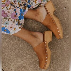 Roolee Tan Leather Clogs with Studded Detail